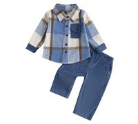 PanLidapan Kids Baby Boy Fall Outfits Tracksuit Plaid Button Down Sweatshirts Jumpers Tops Pants Trousers Jogger Toddler 2Pcs Clothes Set (Blue, 2-3 Years)