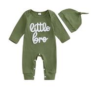 PanLidapan Newborn Baby Boy Clothes Little Bro Baby Grow Long Sleeve Romper Outfit with Hat Cotton Autumn Winter 2Pcs Clothing Sets for Infant Boys Jumpsuit Bodysuit (Army Green, 0-3 Months)