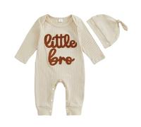 PanLidapan Newborn Baby Boy Clothes Little Bro Baby Grow Long Sleeve Romper Outfit with Hat Cotton Autumn Winter 2Pcs Clothing Sets for Infant Boys Jumpsuit Bodysuit (Apricot, 0-3 Months)