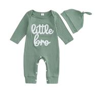 PanLidapan Newborn Baby Boy Clothes Little Bro Baby Grow Long Sleeve Romper Outfit with Hat Cotton Autumn Winter 2Pcs Clothing Sets for Infant Boys Jumpsuit Bodysuit (Green, 12-18 Months)