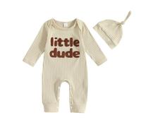 PanLidapan Newborn Baby Boy Clothes Little Bro Baby Grow Long Sleeve Romper Outfit with Hat Cotton Autumn Winter 2Pcs Clothing Sets for Infant Boys Jumpsuit Bodysuit (Beige, 3-6 Months)