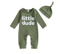 PanLidapan Newborn Baby Boy Clothes Little Bro Baby Grow Long Sleeve Romper Outfit with Hat Cotton Autumn Winter 2Pcs Clothing Sets for Infant Boys Jumpsuit Bodysuit (Green-A, 6-12 Months)
