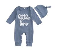 PanLidapan Newborn Baby Boy Clothes Little Bro Baby Grow Long Sleeve Romper Outfit with Hat Cotton Autumn Winter 2Pcs Clothing Sets for Infant Boys Jumpsuit Bodysuit (Blue, 3-6 Months)