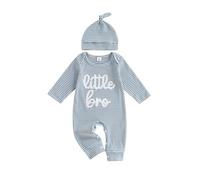 PanLidapan Newborn Baby Boy Clothes Little Bro Baby Grow Long Sleeve Striped Romper One Piece Outfit with Hat Cotton Autumn Winter Clothing for Boys Jumpsuit (Blue, 3-6 Months)
