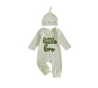 PanLidapan Newborn Baby Boy Clothes Little Bro Baby Grow Long Sleeve Striped Romper One Piece Outfit with Hat Cotton Autumn Winter Clothing for Boys Jumpsuit (Turquoise, 3-6M)