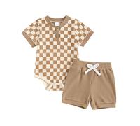 PanLidapan Newborn Baby Boys Summer Bodysuit Outfit Checkerboard Short Sleeve Romper Set Elastic Waist Drawstring Shorts 2Pcs Clothes Set (Khaki, 3-6 Months)