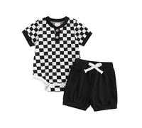 PanLidapan Newborn Baby Boys Summer Bodysuit Outfit Checkerboard Short Sleeve Romper Set Elastic Waist Drawstring Shorts 2Pcs Clothes Set (Black, 3-6 Months)