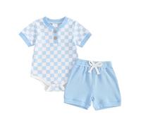 PanLidapan Newborn Baby Boys Summer Bodysuit Outfit Checkerboard Short Sleeve Romper Set Elastic Waist Drawstring Shorts 2Pcs Clothes Set (Sky Blue, 0-3 Months)