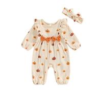 PanLidapan Newborn Baby Girl First Halloween Romper Cotton Linen Ruffle Pumpkin Print Long Sleeve Jumpsuit with Bow Headband Infant 2Pcs Fall Outfits (Apricot, 0-1 Months)