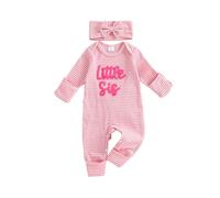 PanLidapan Newborn Baby Girls Fall Romper Infant Clothes Set Long Sleeve Little Sister Embroidery Striped Jumpsuit with Headband Coming Home Outfits (Pink, Newborn)