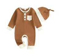 PanLidapan Newborn Baby Grow Clothes Baby Boy Romper Long Sleeve Full Length Ribbed Romper Outfit with Hat for Infant Boys Jumpsuit Autumn Clothing Sets (Khaki, 0-3 Months)