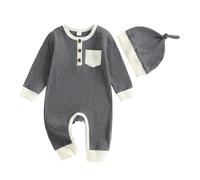 PanLidapan Newborn Baby Grow Clothes Baby Boy Romper Long Sleeve Full Length Ribbed Romper Outfit with Hat for Infant Boys Jumpsuit Autumn Clothing Sets (Dark Grey, 3-6 Months)