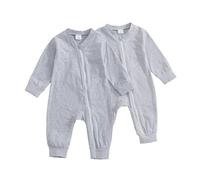PanLidapan Newborn Baby Romper Cotton Fall Winter Baby Clothing for 0-24 Months Stripe Print/Solid Color Zip Up Jumpsuit Bodysuit Pack of 2 Clothes Set (Gray, 12-18 Months)