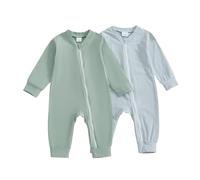 PanLidapan Newborn Baby Romper Cotton Fall Winter Baby Clothing for 0-24 Months Stripe Print/Solid Color Zip Up Jumpsuit Bodysuit Pack of 2 Clothes Set (Green, 0-3 Months)
