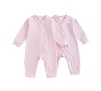PanLidapan Newborn Baby Romper Cotton Fall Winter Baby Clothing for 0-24 Months Stripe Print/Solid Color Zip Up Jumpsuit Bodysuit Pack of 2 Clothes Set (Pink, 12-18 Months)