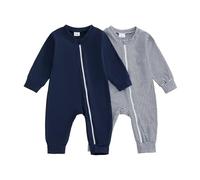 PanLidapan Newborn Baby Romper Cotton Fall Winter Baby Clothing for 0-24 Months Stripe Print/Solid Color Zip Up Jumpsuit Bodysuit Pack of 2 Clothes Set (Blue, 12-18 Months)