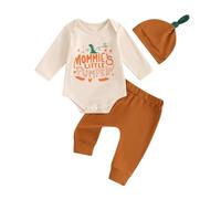 PanLidapan Newborn Boy Halloween Outfits Baby 3Pcs Pants Sets Mama's Little Pumpkin Print Long Sleeve Romper Pants Hat Infant Fall Winter Clothes (Beige, 3-6 Months)