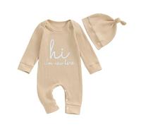 PanLidapan Newborn Boy Romper Sets Hi Im New Here Baby Grow Letter Print Long Sleeve Striped Jumpsuits One Piece Outfit with Hat Cotton Bodysuit for Infant Boys (Apricot, 3-6 Months)