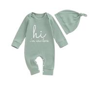 PanLidapan Newborn Boy Romper Sets Hi Im New Here Baby Grow Letter Print Long Sleeve Striped Jumpsuits One Piece Outfit with Hat Cotton Bodysuit for Infant Boys (Green, 0-3 Months)