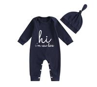 PanLidapan Newborn Boy Romper Sets Hi Im New Here Baby Grow Letter Print Long Sleeve Striped Jumpsuits One Piece Outfit with Hat Cotton Bodysuit for Infant Boys (Multicolor, 0-3 Months)