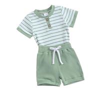 PanLidapan Newborn Summer Going out clothes Baby 2 Piece Outfits Striped Scoop Neck Short Sleeve Romper and Elastic Solid Color Shorts for Toddler Girl Boy (Green, 12-18 Months)