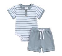 PanLidapan Newborn Summer Going out clothes Baby 2 Piece Outfits Striped Scoop Neck Short Sleeve Romper and Elastic Solid Color Shorts for Toddler Girl Boy (Blue, 3-6 Months)