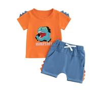PanLidapan Toddler Baby Boy Summer Outfits Clothes Letter Dinosaur Embroidery T-shirt Tops Solid Color Shorts Sets Kids 2Pcs Clothing Suit (Blue, 18-24 Months)