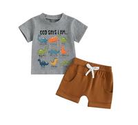 PanLidapan Toddler Baby Boy Summer Outfits Shorts Set Dinosaur Letter Print T-shirt Short Sleeve Tops Drawstring Solid Shorts Clothes Set (Gray, 3-4T)