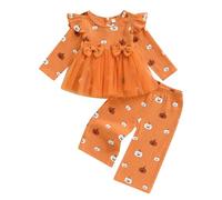 PanLidapan Toddler Baby Girl Halloween Clothes 2Pcs Outfit Cute Pumpkin Print Long Sleeve Pullover Top with Elastic Waist Trousers Little Girls Cotton Linen Clothing Sets (Orange, 18-24 Months)