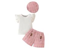 PanLidapan Toddler Baby Girl Summer Clothes Set Ruffle Sleeve Ribbed T-shirts+ Tweed Shorts+ Beret Hat Fashionable Outfit For Infant Girl (White, 18-24 Months)