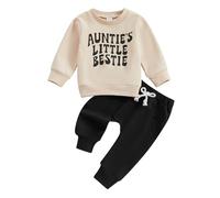 PanLidapan Toddler Baby Girls Spring Clothes Set Long Sleeve Crew Neck Solid Color Auntie’s Little Bestie Letter Top Elastic Waist Trousers 2Pcs Tracksuit Set (Black, 0-6 Months)