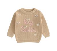 PanLidapan Toddler Baby Girls Sweaters Fall Winter Long Sleeve Pullover Knitwear Big Sister Knit Jumper Kids Tracksuit Clothes (Khaki-A, 18-24 Months)