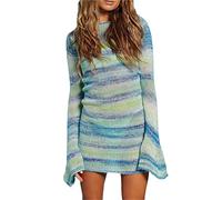 PanLidapan Women's Summer Crochet Knitted Beach Dress Y2K Patchwork Sweater Dress Streetwear - Blue, S - Low Backless, Long Sleeves, Striped