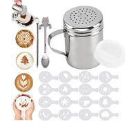 Panlom Chocolate Shaker Duster with Coffee Stencils Set 4 in 1 for Coffee Lovers Steel Barista Accessories Decorating Cappuccino Latte Hot Chocolate Cocoa