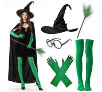 PANMAY 6PCS Halloween Witch Cape For Women Witch Costume Accessories Green Cloak witch Hat Gloves Stockings and Broom Costume for Halloween Christmas Cosplay and Themed Parties