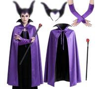 PANMAY Evil Queen Costume for Women Gothic Witch Cape Purple Cloack Horns Cane Gloves Halloween Cosplay Party Dress Up
