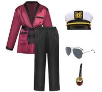 PANMAY Halloween Costume Men's 5 Pieces Captain Costume Red Silk Robe Jacket and Black Trousers with Captain's Hat and Sunglasses Halloween Carnival Cosplay Costume (S)