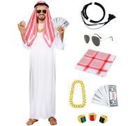 PANMAY Halloween Sheikh Costume Men's Arabic Arabian Costume 9 Pieces Arabic White Robe with Headscarf Arabian Adult Costumes (M)