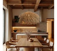 PANNN E27 Creative Chandelier Rattan Pendant Light Bohemian Style Dining Table Lamp Vintage Woven Lampshade Handcrafted Hat-Shaped Pendant Lamp Suitable for Dining Room Living Room Bedroom(80cm)