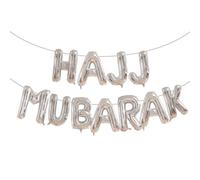 Pannu Design 16" HAJJ MUBARAK Decoration - Foil Balloons Banner Party - Islamic Decorations for Home - Special-Occasion (Silver)