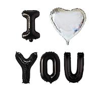 Pannu Design | 16” Inch “I Love You” Foil Balloon Letters with 18” Inch Heart Shape | I You | For Valentine | Engagement | Wedding Decorations. (I ♡ YOU - Black - Silver Heart)