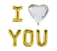 Pannu Design | 16” Inch “I Love You” Foil Balloon Letters with 18” Inch Heart Shape | I You | For Valentine | Engagement | Wedding Decorations. (I ♡ YOU - Gold - Silver Heart)