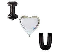 Pannu Design | 16” Inch “I Love You” Foil Balloon Letters with 18” Inch Heart Shape | I You | For Valentine | Engagement | Wedding Decorations. (I ♡ U - Black - Silver Heart)