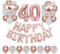Pannu Design Birthday Decoration Set with 40 Inch Happy Birthday Banner 1 Star and 1 Heart Foil Balloons 12 Metallic 12 Plain and 12 Confetti Balloons for Kids and Adults (Rose Gold No. 40)