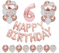 Pannu Design Birthday Decoration Set with 40 Inch Happy Birthday Banner 1 Star and 1 Heart Foil Balloons 12 Metallic 12 Plain and 12 Confetti Balloons for Kids and Adults (Rose Gold No. 6)