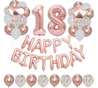 Pannu Design Birthday Decoration Set with 40 Inch Happy Birthday Banner 1 Star and 1 Heart Foil Balloons 12 Metallic 12 Plain and 12 Confetti Balloons for Kids and Adults (Rose Gold No. 18)