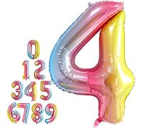 Pannu Design Foil Number Balloons, 16 inch Large Digit Number Foil Mylar Helium Balloons for Girls Boys Birthday Party Celebration Decoration Anniversary Supplies (4, Rainbow)