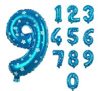 Pannu Design Foil Number Balloons, 16 inch Large Digit Number Foil Mylar Helium Balloons for Girls Boys Birthday Party Celebration Decoration Anniversary Supplies (9, Blue with Star)