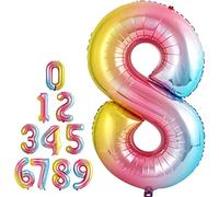 Pannu Design Foil Number Balloons, 16 inch Large Digit Number Foil Mylar Helium Balloons for Girls Boys Birthday Party Celebration Decoration Anniversary Supplies (8, Rainbow)