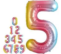 Pannu Design Foil Number Balloons, 16 inch Large Digit Number Foil Mylar Helium Balloons for Girls Boys Birthday Party Celebration Decoration Anniversary Supplies (5, Rainbow)